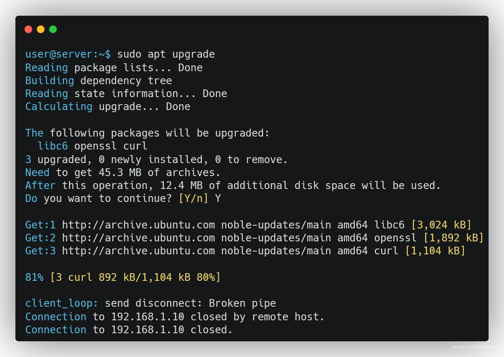 connection closed when updating packages