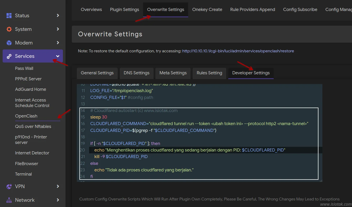 Memasang script cloudflared pada Developer Mode Openclash